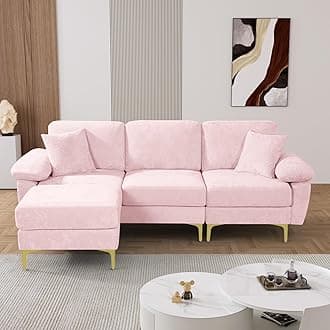 OUYESSIR L Shaped Sectional Sofa Couch, 3 Seat Velvet Sofa with Ottoman and Pillows, Upholstered Comfy Couch Sleeper for Living Room, Bedroom, 91 inches (Pink)