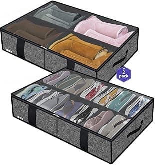 Onlyeasy 2 Pack Under Bed Shoes Storage Bag Organizer (14+4 Pairs), Collapsible Shoe Boot Container with Handles, Underbed Storage Solution for Kids & Adults, 86x60x15cm, Linen-like Black, MXAUBS14S4