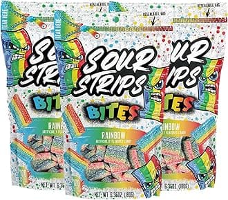 Sour Strips Sour Candy Bites, Rainbow Resealable Candy Bag, 6.35 Ounce (Pack of 3)