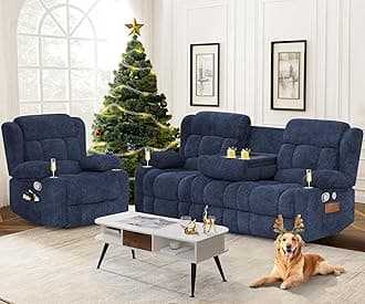 Loveseat Recliner Sofa Set, Flip Middle Backrest Design 3 Seater Reclining Sofa and Single Oversized Recliner Chair, Manual Couches for Living Room/RV (Blue, 3+1)
