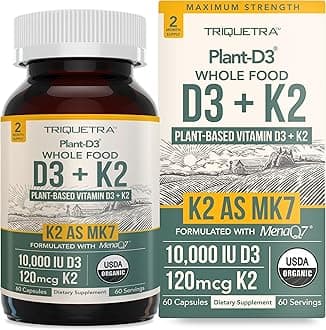 Organic Plant D3 + K2 | 10000 Iu 120 Mcg As All-Trans Mk7 From Menaq7® - 100% Whole Food, Raw & Vegan Enhanced Digestion With Prebiotic Superfood Complex – Algae (60 Count)
