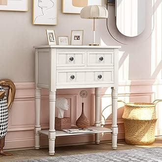 Knocbel Slim Antique Entry Console Table with Drawers & Bottom Open Shelf, Solid Wood Sofa Couch Table for Entryway Hallway Living Room (Ivory White)