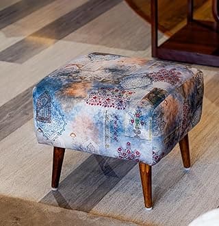 Puffy Stool for Living Room Vanity Dressing Table Sitting Blue Printed Premium Foam Cushioned Pouffe Ottoman for Foot Rest Stool for Home Decor Furniture Wooden (Floral) (Soft Blue)