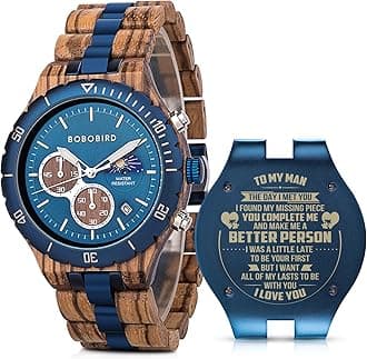 Mens Personalized Engraved Wooden Watches Fashion Multifunction Custom Watch Birthday Anniversary Wood Watches for Husband Boyfriend Dad Him Son with Gift Box