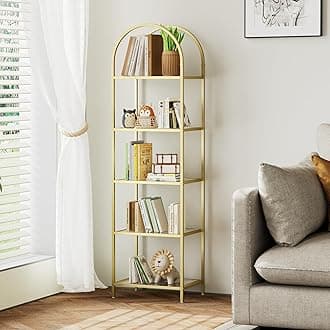 Homhedy Bookshelf Arched Display Racks,Metal Bookcase,Tempered Glass Shelves,Storage Rack Shelf for Home Office,Living Room,Bedroom, Bathroom,Modern Style (Golden, 11.8" D x 13.8" W x 57.1" H)