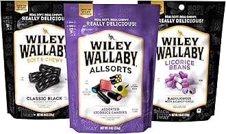 Wiley Wallaby Black Licorice Variety Pack - All Sorts, Black Beans & Black Classic Gourmet Australian Style Soft & Chewy Licorice Candy - Pack of 3
