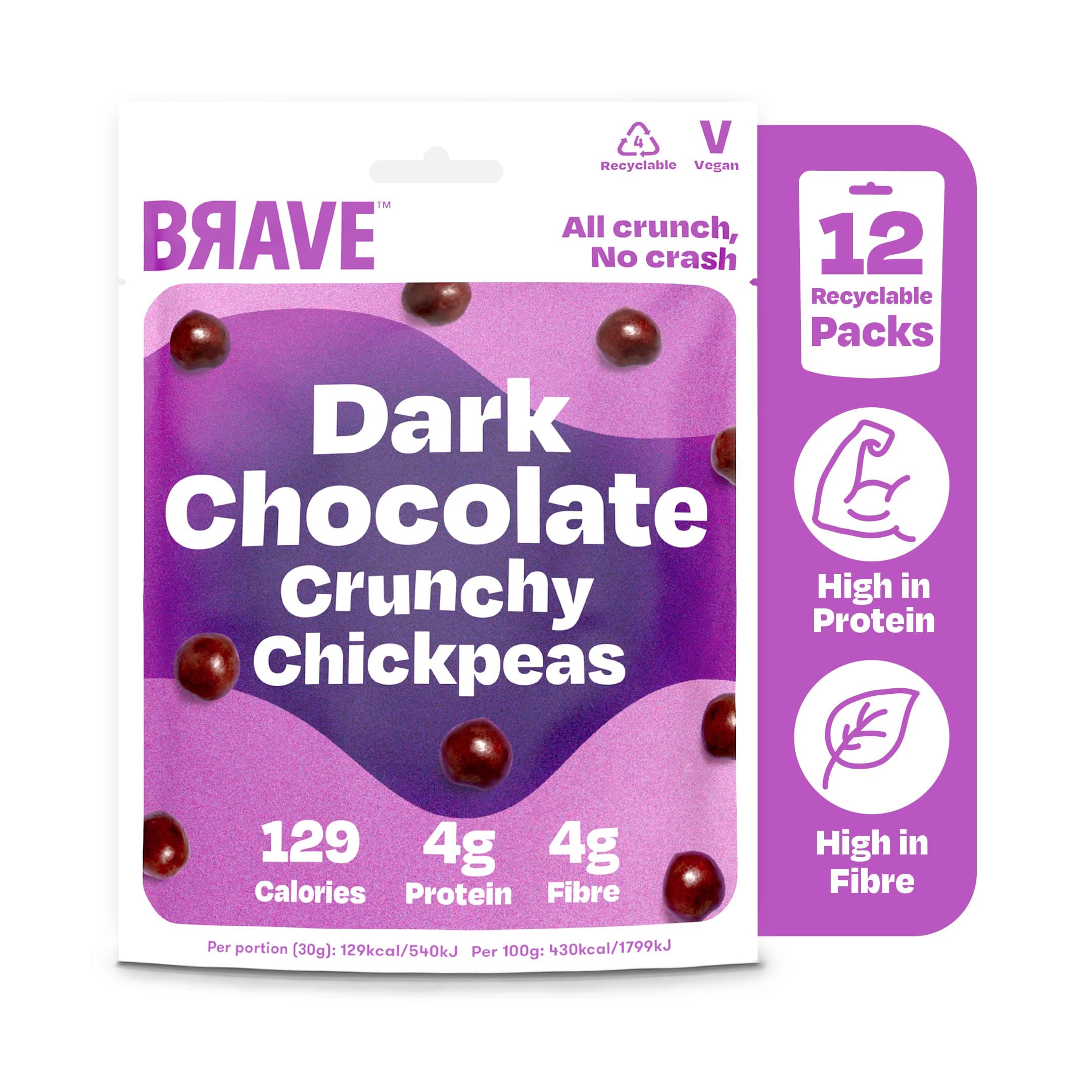 BRAVE Roasted Chickpeas: Healthy Snack, Low Calorie - Dark Chocolate (12 x 30g Packs)