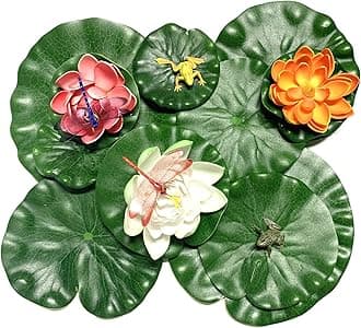 15 Pieces Realistic Lily Pads Artificial Water Floating Foam Lotus Flowers with Artificial Dragonfly Frog Lotus Leaves, Water Lily Pads Ornaments for Pond Pool Aquarium Water Decoration