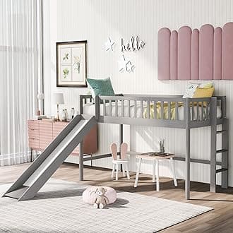 BellemaveTwin Size Loft Bed with Ladder & Slide, Toddler Loftbeds with Safety Rails,Wood Twin Low Loft Bed with Storage Space for Kids Toddler (Gray)