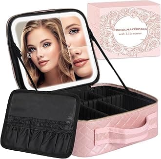 Makeup Bag with LED Lighted Mirror| Portable Makeup Organizer Train Case with 2X/3X Magnification & 3 Color Lights for Precision, Adjustable Brightness| Elegant Gift Packaging, Pink