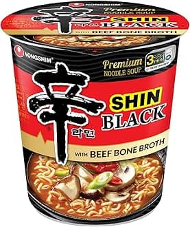 Nongshim Premium Shin Black Instant Ramen Noodle Cup, 6 Pack, Bold & Spicy, Beef Bone Broth, Microwaveable Ramen Soup Mix