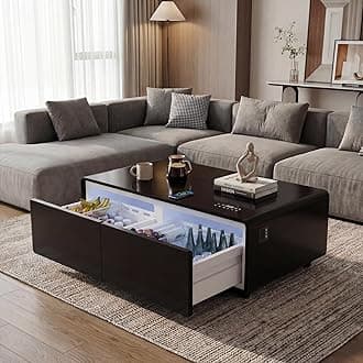 LIVTAB Smart Coffee Table, 27.8" D x 51" W x 18.1" H, Living Room Table with Built in Fridge and Speakers, Smart Table with 15W Wireless Charging, USB Chargers and 110V Outlets (Black)
