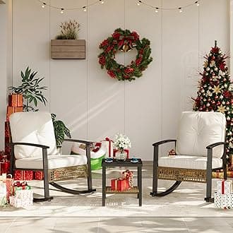 Aoxun 3-Piece Outdoor Rocking Bistro Set, Patio Furniture Set with Coffee Table and Thick Cushions, Wicker Rocking Chairs Set of 2 for Garden, Balcony, Backyard, Poolside (Beige)