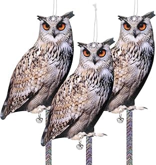 3 Pack Bird Scare Owl Fake Owl, Reflective Hanging Bird Decoration, Effective Bird Control Device to Keep Birds Pigeon Woodpecker Away from Patio Garden