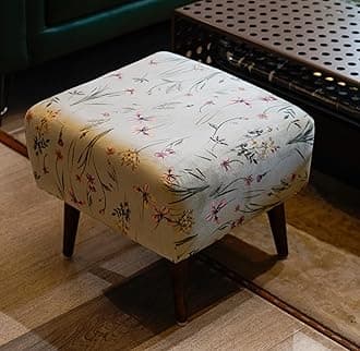 The Artage Puffy Stool for Living Room Sitting Printed Premium Foam Cushioned Pouffe Ottoman for Foot Rest Stool for Home Decor Furniture with 4 Wooden Legs (Floral) (Floral Green)