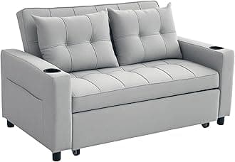 – HOMCOM 2 Seater Sofa Bed, Linen Click Clack Sleeper Sofa with Pull Out Design, 2 Pillows, Cup Holders, Side Pockets, Convertible Loveseat Bed Settee for Living Room, 157x190cm, Light Grey