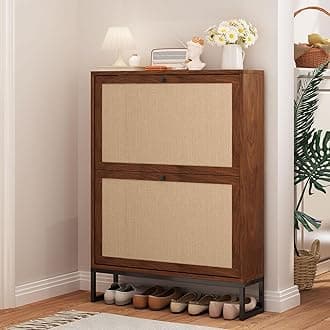 AVZEAR Freestanding Shoe Organizer with 2 Flip Drawer Doors, Entryway & Closet Shoe Storage, Linen Doors, Walnut