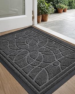 Front Door Mat Outside Entrance, Heavy Duty Non Slip Low Profile Doormat for Entryway, Trap Dirt and Moisture Welcome Mats, Easy Clean, Patio, Garage, 17x29, Grey