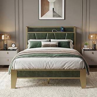 Twin XL Bed Frame, Storage Headboard with Charging Station, Solid and Stable, Noise Free, No Box Spring Needed, Easy Assembly (Dark Green)