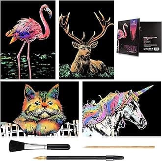 Rainbow Scratch Art Painting Paper (A4) for Kids & Adults, Night View Scratchboard, Art & Craft, Engraving Art Set: 4 Sheets Scratch Cards & Drawing Pen, Clean Brush (Unicorn / Flamingo / Cat / Deer)