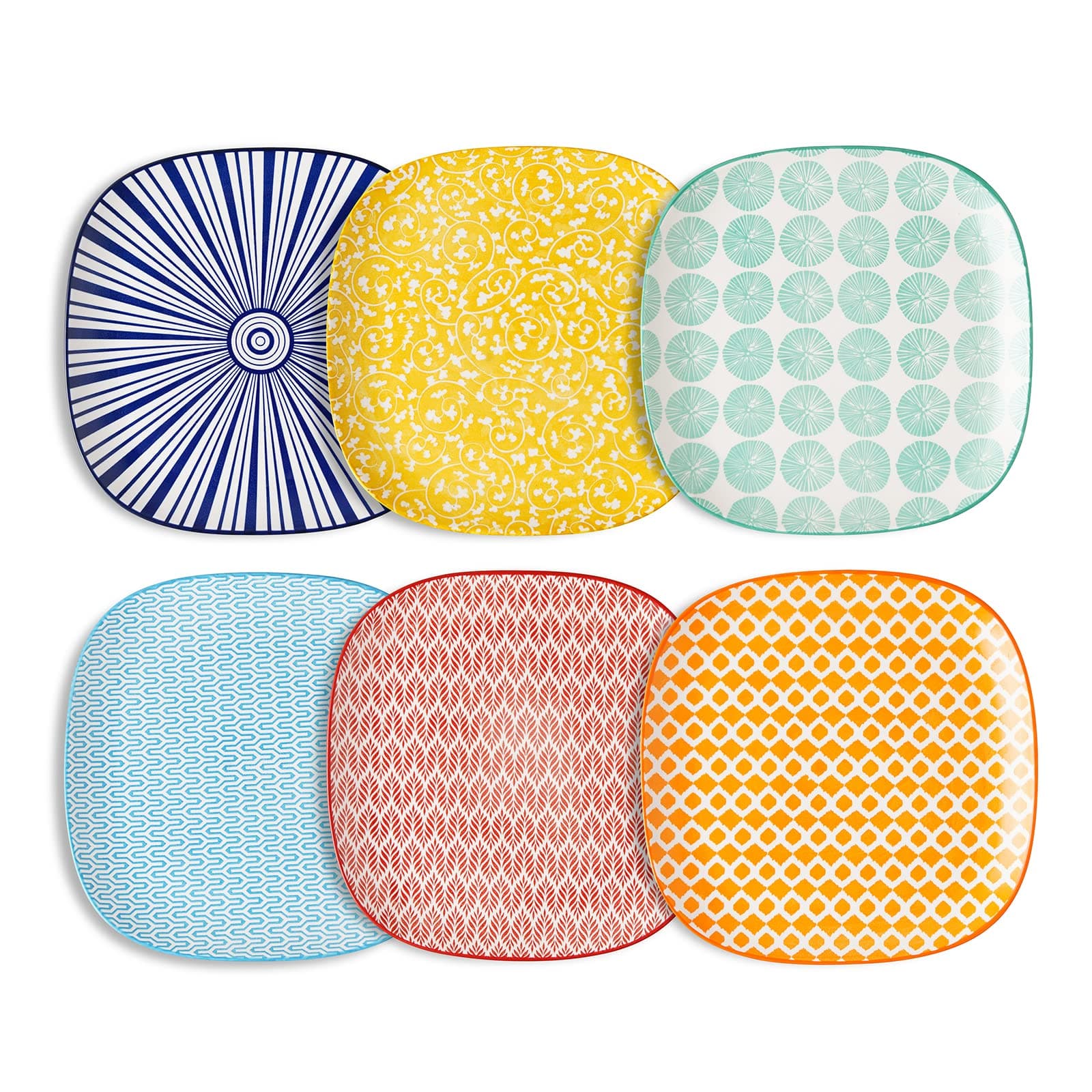 Selamica Porcelain Square Dessert Salad Pasta Steak Plates 10 inches ceramic plates set of 6 microwave/dishwasher/oven safe, Assorted Colors