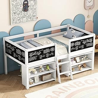 Twin Size Low loft Bed with Movable Shelves for Kids,Kids Low Loft Bed Frame with Guardrail Chalkboard and Storage,Solid Wood Loft Bed Twin for Boys,Girls (White)