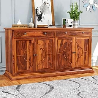 Solid Sheesham Wood Wooden Sideboard Storage Cabinet & Chest of Drawer : Ideal for Living Room and Bedroom with 2 Drawers and 4-Shelf Storage (Colton, Honey Finish)