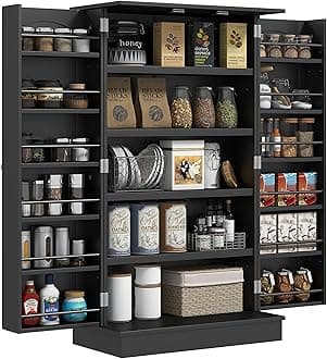 41" Kitchen Pantry Storage Cabinet, Freestanding Kitchen Cabinet with 12 Door Shelves, Double Doors, 5-Tier Shelving and Adjustable Shelves, Black