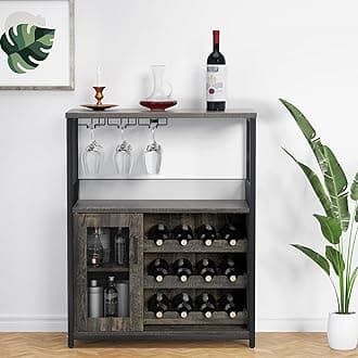 IDEALHOUSE 3-Tier Wine Bar Cabinet with Detachable Wine Rack and Storage Space, Buffet Cabinet with Glass Holder and Mesh Door, for Kitchen, Living Room and Bar (Dark Wood)