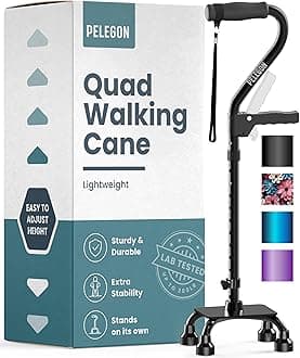 Quad Cane (300LB) - Adjustable Walking Cane with A Large 4 Pronged Base for Extra Balance & Stability, Walking Canes for Seniors, Walking Cane for Men & Women, Walking Sticks