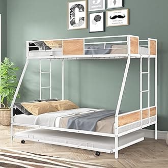 Twin Over Full Metal Bunk Bed with Trundle and Guardrail for Kids, Teen, Adults,Heavy Duty Bed Frame with Wooden Decoration, No Box Spring Needed, White