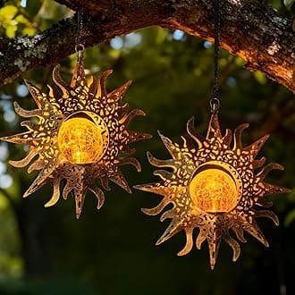 2 Pack Garden Decor Hanging Lanterns Outdoor Waterproof,Solar Lights Metal Sun Gifts Decoration for Yard Clearance Front Porch Lawn Driveway Patio Backyard Pathway Gardening Gift
