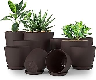 Utopia Home - Plant Pots Indoor with Drainage - 7/6.6/6/5.3/4.8 Inches Home Decor Flower Pots - Pack of 10 Plastic Planters for Indoor Plants, Cactus, Succulents Pot - Brown