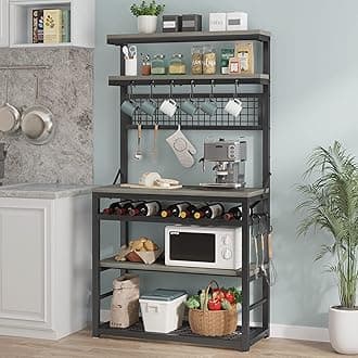 Itaar 6-Tier Baker's Racks, Industrial Microwave Oven Stand with Wine Rack and 12 Hooks, Free Standing Microwave Stand, Bakers Racks for Kitchens with Storage, Retro Grey