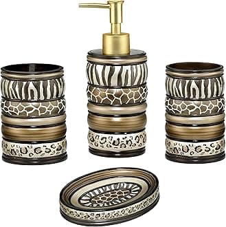 Zahari Home 4pc Safari Stripes Stylish Bathroom Accessories Set Hand Soap Dispenser, Tumbler, Tooth Brush Holder and Soap Dish Modern Classic Luxury Contemporary Decor Unique Design Stylish Bath Set