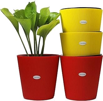 GREENON® 10 Inch Self Watering Plant Pot Set of 4 (8 Pots) | Red, Yellow Outer & Black Inner Planters | Heavy Duty Virgin Plastic | UV Treated Gamla | Ideal for Indoor, Balcony & Home Garden