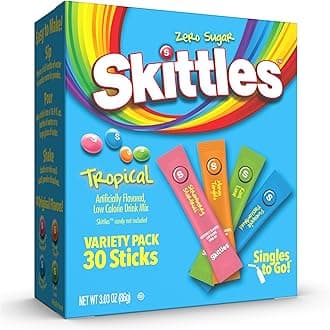 Skittles Go Tropical Flavors Variety Pack, Powdered Drink Mix, Includes 4 Flavors, Strawberry Starfruit, Mango Tangelo, Kiwi Lime, Pineapple Passionfruit, 1 Box (30 Single Servings)