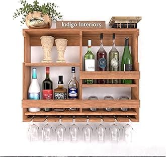 Wooden Wall Mounted Wine Rack, Bar Cabinet with Glass Storage, Wall Hanging Mini Bar for Home Wine Rack/Holder Upside Down Glass Hanging Organizer Size 30 x 24 Inch (Natural)