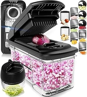 All-in-1 Vegetable Chopper, Mandoline Slicer & Cheese Grater - Multi Blade French Fry Cutter & Veggie Dicer - Includes Bonus Handheld Spiralizer & Kitchen Gadgets (6 in 1, Stainless Steel)