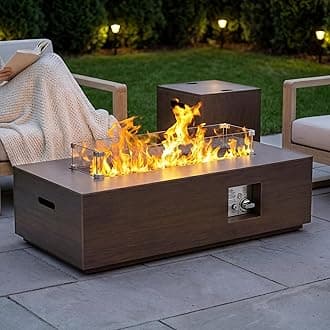 42" Rectangular Propane Fire Pit – 50,000 BTU Fire Table with Wind Guard Glass, Lid, Rocks and Cover – Backyard Fire Pits Outdoor – Propane Gas Fireplace for Deck or Patio (Grey, 42" Standard)