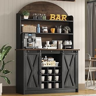 63" Farmhouse Coffee Bar Cabinet with Storage, Black Coffee Bar with Sliding Doors & Wine Racks, Hutch Cabinet with Storage, Adjustable Shelves, Wine Bar for Kitchen Living Dining Room, Black