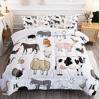 Farm Animal Bedding Set for Kids Cartoon Milk Cow Comforter 3 Piece Cute Horse Pig Chicken Cat Dog Cat Down Comforter Rustic Style Quilt Set Full Size Ultra Soft Lighweight