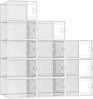 X-Large Shoe Storage Boxes Organizers Clear Plastic Stackable 12 Pack, Shoe Rack & Holder Substitute, Sneaker Containers, Toy Storage Organizer Bins for Entryway, Closet, Under Bed, White