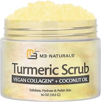 Exfoliating Turmeric Scrub and Skin Exfoliator with Collagen and Coconut Oil, Gently Exfoliates Face, Body, Hands, and Feet, Moisturizing Skincare by M3 Naturals, 16 oz