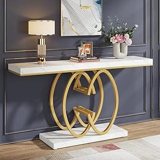 Tribesigns 55 Inch Console Table for Hallway, Faux Marble Gold Entryway Table with Geometric Metal Base, Modern Narrow Sofa Accent Table for Entrance, Living Room, Foyer (White & Gold)