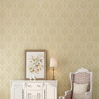 Wolpin Wall Stickers Damask Pattern Wallpaper (45 cm x 600 cm) Textured Flowers Home Stylish Decoration Self Adhesive, Beige