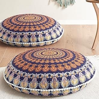 Codi Floor Pillows for Sitting Set of 2, Large Meditation Cushions for Adults with Memory Foam, Bohemian Mandala Round Seating for Outdoor Yoga and Living Room, Washable，32 Inch, Yellow