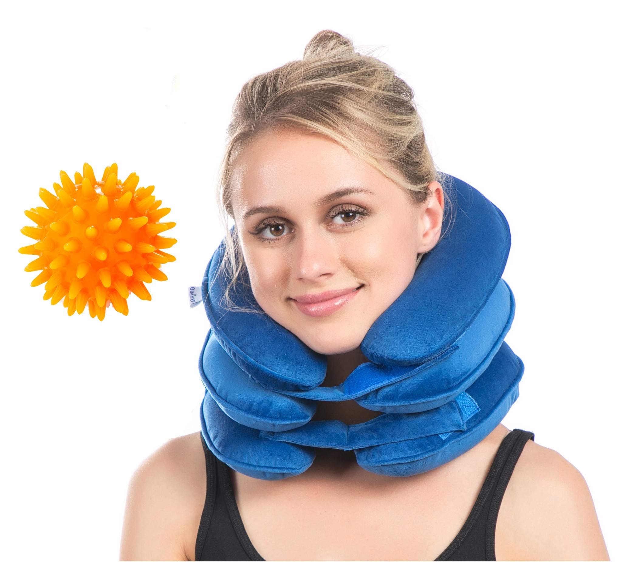 Cervical Neck Traction Device Inflatable Neck Traction for Neck Decompression Pinched Nerve Neck Pain Relief, Neck Stretcher Cervical Traction Neck Extender for Neck Pain with Massage Balls (Blue)