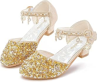 Furdeour Girls Dress Shoes Princess Crystal High Heels Closed Toe Party Wedding Flower Girls Shoes Toddler Little Big Kid