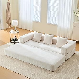Comfy Convertible Folding Mattress Couch, Floor Sofa Bed, Chenille Floor Sofa with Armrest, Floor Sofa Lounge Couch for Living Room Bedroom Lounge Studio-Beige White